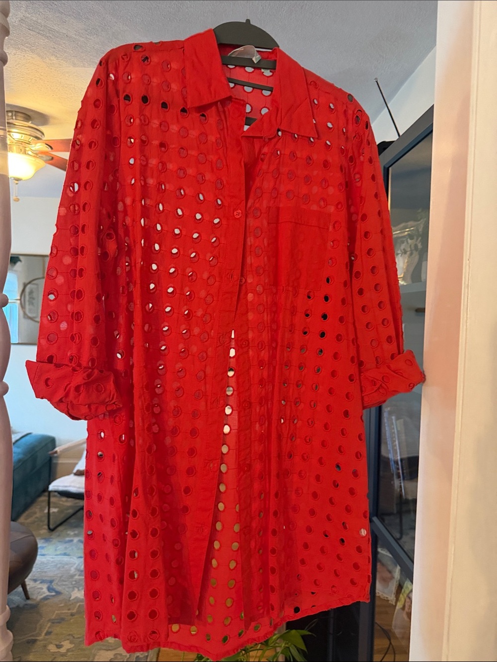 Red Eyelet Shirt Dress - Lightweight Button-Front Tunic. Beach cover up